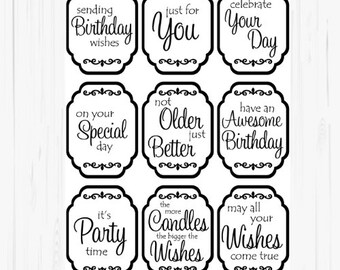 9 birthday sentiment greetings tags, card making, card embellishments, card craft supplies, scrapbooking supplies, craft supplies, toppers