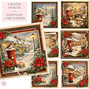 May include: A set of six square handmade card toppers featuring winter scenes with red post boxes, robins, snow-covered cottages, street lamps, and poinsettia floral accents. The text 6 WINTER DESIGNS HANDMADE CARD TOPPERS is visible.