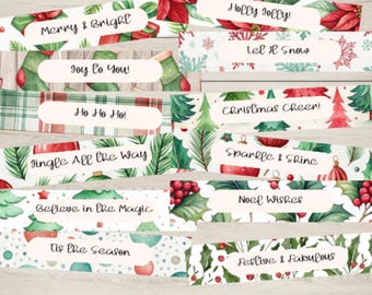 May include: A collection of Christmas-themed card toppers with various festive phrases like "Merry & Bright" and "Holly Jolly!" Each topper features watercolor designs of poinsettias, trees, and ornaments. The text "handmade card toppers" is also included.