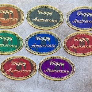 8 frasi ovali di "Happy Anniversary", striscioni di auguri, creazione di biglietti, forniture per scrapbooking, forniture per bricolage, abbellimenti per biglietti, topper