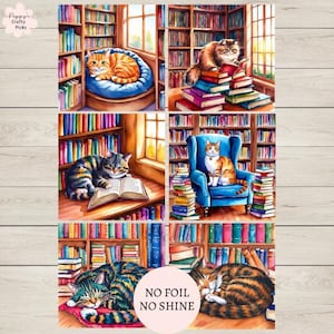 6 décorations de cartes confortables avec des chats de bibliothèque, fabrication de cartes, fabrication de cartes pour les amoureux des chats, fabrication de vos propres cartes faites main pour les filles livresques, travaux manuels