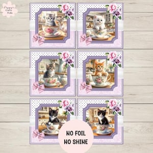 6 adornos para tarjetas con forma de gatito en una taza de té, creación de tarjetas, creación de tarjetas para dueños de gatos, crea tus propias tarjetas de felicitación hechas a mano, manualidades de bricolaje, scrapbooking
