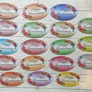 18 bloemen Happy Anniversary-sentimentbanners, kaarten maken, je eigen jubileumkaarten maken, knutselspullen, scrapbooking, journaling, ovaal
