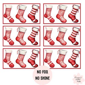 May include: Twelve red and white striped Christmas stockings with white cuffs and a candy cane detail. The stockings are arranged in three rows of four. The text "NO FOIL NO SHINE" is printed below the stockings.