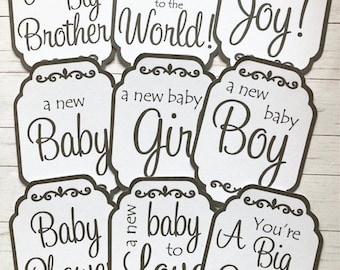 9 new baby sentiment greetings tags, card making, card embellishments, card craft supplies, scrapbooking supplies, craft supplies, toppers