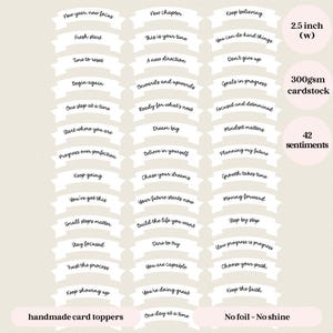 May include: A set of 42 inspirational card toppers, each a light beige banner with motivational phrases such as "Believe in yourself" and "Keep going." The toppers are 6.35 cm wide and made from 300gsm cardstock. The text includes "handmade card toppers".