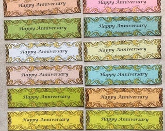 16 Happy Anniversary sentiment greeting banners / card making supplies / scrapbooking / craft embellishments / card toppers / papercraft