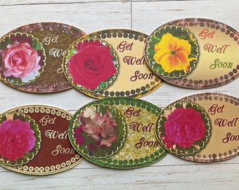 6 mixed floral Get Well Soon card making banners embellishments sentiments card toppers Make your own get well cards Scrapbooking supplies