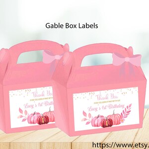 Etiketten Giebelbox, Kürbis, Erster Geburtstag, Giebelgeschenkbox-Etiketten, Boxaufkleber, Giebelbox-Kürbis rosa, Kleine Kürbis-Box-Etiketten