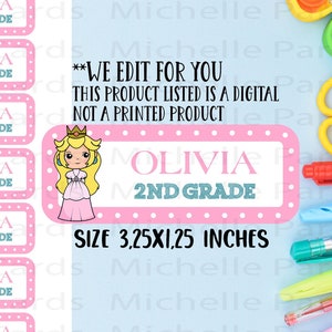 Solo archivo digital, etiquetas adhesivas de la princesa Peach, etiquetas con el nombre de la princesa, etiquetas adhesivas con el nombre de Peach, etiquetas de la princesa Peach, etiquetas adhesivas con el nombre, escuela