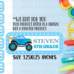 Solo archivo digital, etiquetas escolares con nombre de Monster Truck, calcomanías de Monster Truck, etiquetas de carrera con nombre, etiquetas para útiles escolares, regreso a clases
