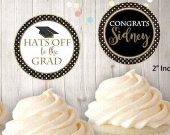 Graduation Decorations, Printable Cupcake Toppers, Graduation Toppers Cupcake, Graduation Stickers, Party, Graduation Gold and black