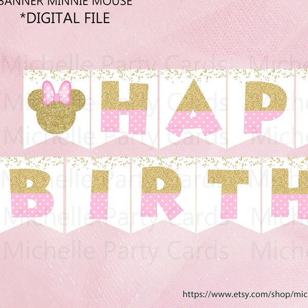 INSTANT DOWNLOAD Banner Minnie Mouse, Pink and Gold, Birthday Banner, Minnie Banner, Pink Banner, Pink and Gold Banner, Party Decoration