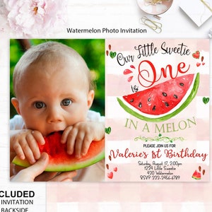 Wassermelonen-Foto-Einladung, Wassermelonen-Einladung, Geburtstagseinladungen, rote Wassermelonen-Party, One in a Melon, 1.Geburtstag, Digital