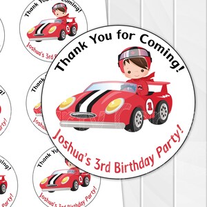 Etiquetas de regalo de coches de carreras rojos, etiquetas de regalo de coches de carreras, etiquetas de agradecimiento para fiestas de cumpleaños de coches de carreras, decoraciones en rojo, negro y blanco