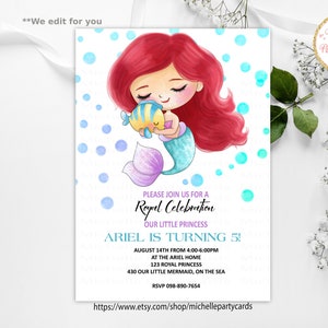 Faire-part Ariel, invitation à une fête à la piscine, notre petite sirène, sous la mer, faire-part de sirène, anniversaire de sirène, fête sirène