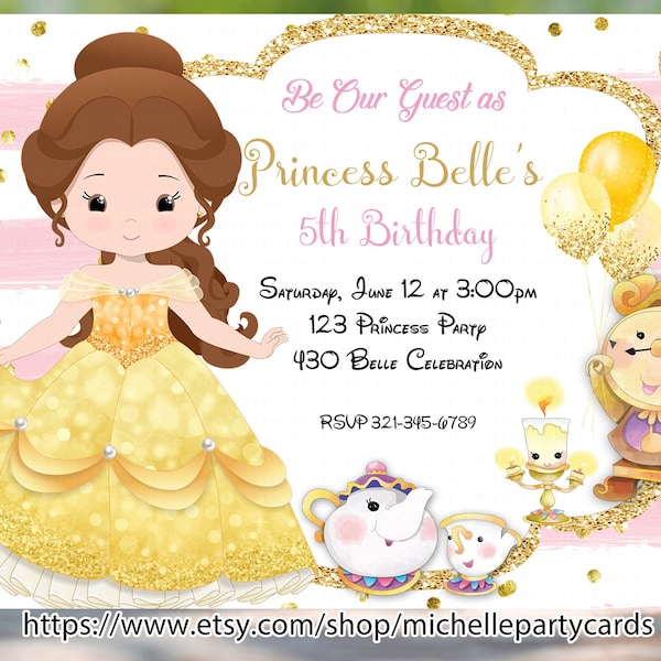 Princess Belle Invitation, Princess Birthday, Royal Party, Princess invite, Belle Invitation, Party Girl