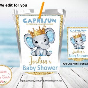 Elephant Baby Shower Capri Sun, Labels Sap, Elephant Party Decoratie, Elephant Prince Blue en Gold, Elephant Baby Boy, Elephant Shower