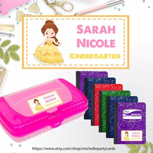 Fichier numérique uniquement, étiquettes de nom de princesse Belle, étiquettes d'école Belle, étiquettes de nom d'école imprimables pour fille, étiquettes d'école, retour à l'école