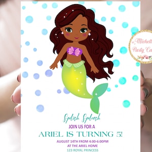 Invitation Ariel, Princesse Ariel, Invitation sirène, Invitation princesse, Multiculturel, Afro-Américain, Petite Sirène, Fête de la sirène