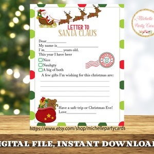 DESCARGA INMEDIATA, Carta a Papá Noel, Nochebuena, Lista de Navidad, Querido Papá Noel, Carta de Navidad, Carta a Papá Noel, Carta para imprimir