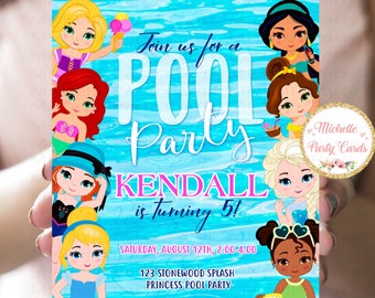 Princess Pool Party Invitation, Summer Birthday, Princess Invitation, Pool Party Birthday, Princess Birthday, Summer party, Pool Party