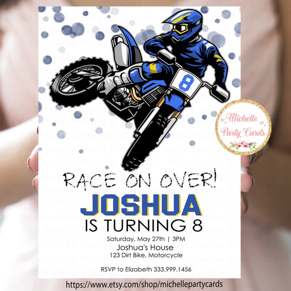 Invitation d'anniversaire de moto, invitation mobile d'anniversaire de vélo de saleté, anniversaire de motocross, partie de vélo, course sur le dessus, fêtards, moto
