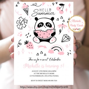 Hallo Sommereinladung, Kleiner Panda, Wassermeloneneinladung, Sommerparty, Panda Geburtstag, Wassermelonenparty, Poolpartyeinladung