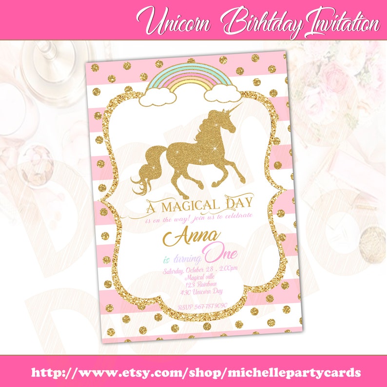 Unicorn Birthday Invitation, Pink and Gold, Invitation Unicorn, Girl Invitation, Birthday Party Unicorn, Magical Day, Unicorn Invite image 1