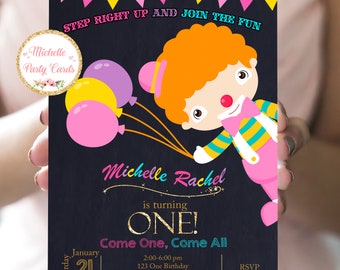 Carnival Circus Girls, One Birthday Party Invitation,Chalkboard Invitation, Glitter invite, Carnival Party, Birthday Girl, One Year Birthday