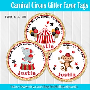 Carnival Circus Glitter Favor Tags, Cirque - Autocollants personnalisés, Étiquettes de faveur de fête, Étiquettes de remerciement, Étiquettes cadeaux, Anniversaire, Baby Shower