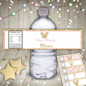 Minnie Mouse, Rosa e Oro, Etichette per bottiglie, Etichette per bottiglie d'acqua, Minnie Pink, Minnie Gold, Personalizza, Stampabile, Decorazioni per feste, Etichetta