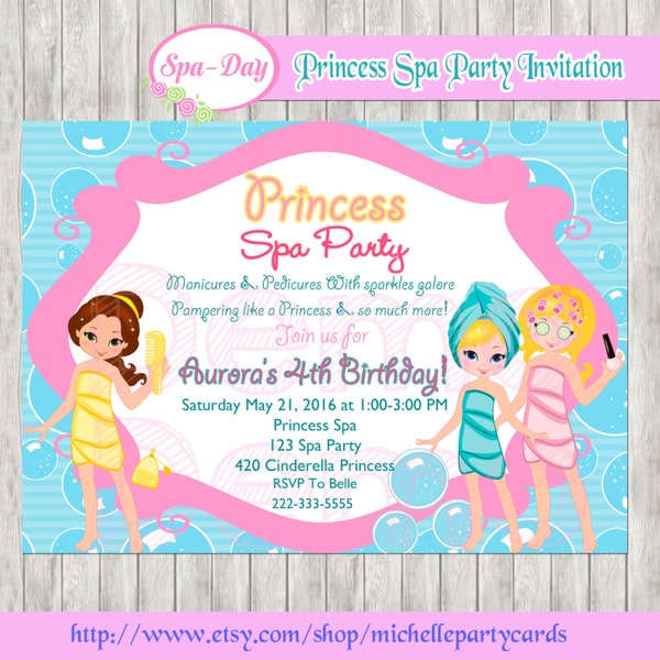 Princesse Spa Party Invitation-Spa Party fille-Spa princesse Invitation-Cendrillon-Belle-Aurora-Princess Party-Spa Girl-Spa Birthday-Spa inviter