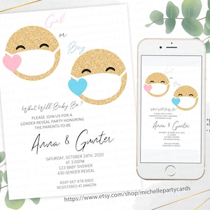 Rivelazione di genere, Happy Face, invito a ragazze o ragazzi, rivelazione di genere virtuale, invito digitale, rosa o blu, lui o lei, Glitter Gold