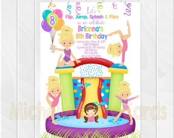 Gymnastic Pool Party Invitation, Gymnastic Bounce Party, Gymnastic Splash, Gymnastic Birthday Invitation, Gymnastic Bounce Invite, party