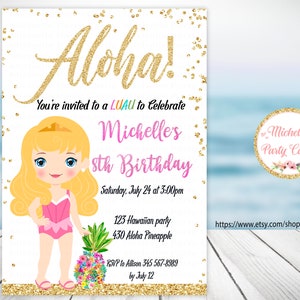 Aloha, Princess Aurora Einladung, Pool Party, Princess Pool Party, Sommer Einladung, Tropische Party, Ananas Einladung, Prinzessin Einladung