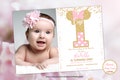 Pink and Gold Minnie mouse 1st birthday invitation, First birthday invite, Girls Polka dots, Gold Glitter Invitation  Minnie With photo product logo
