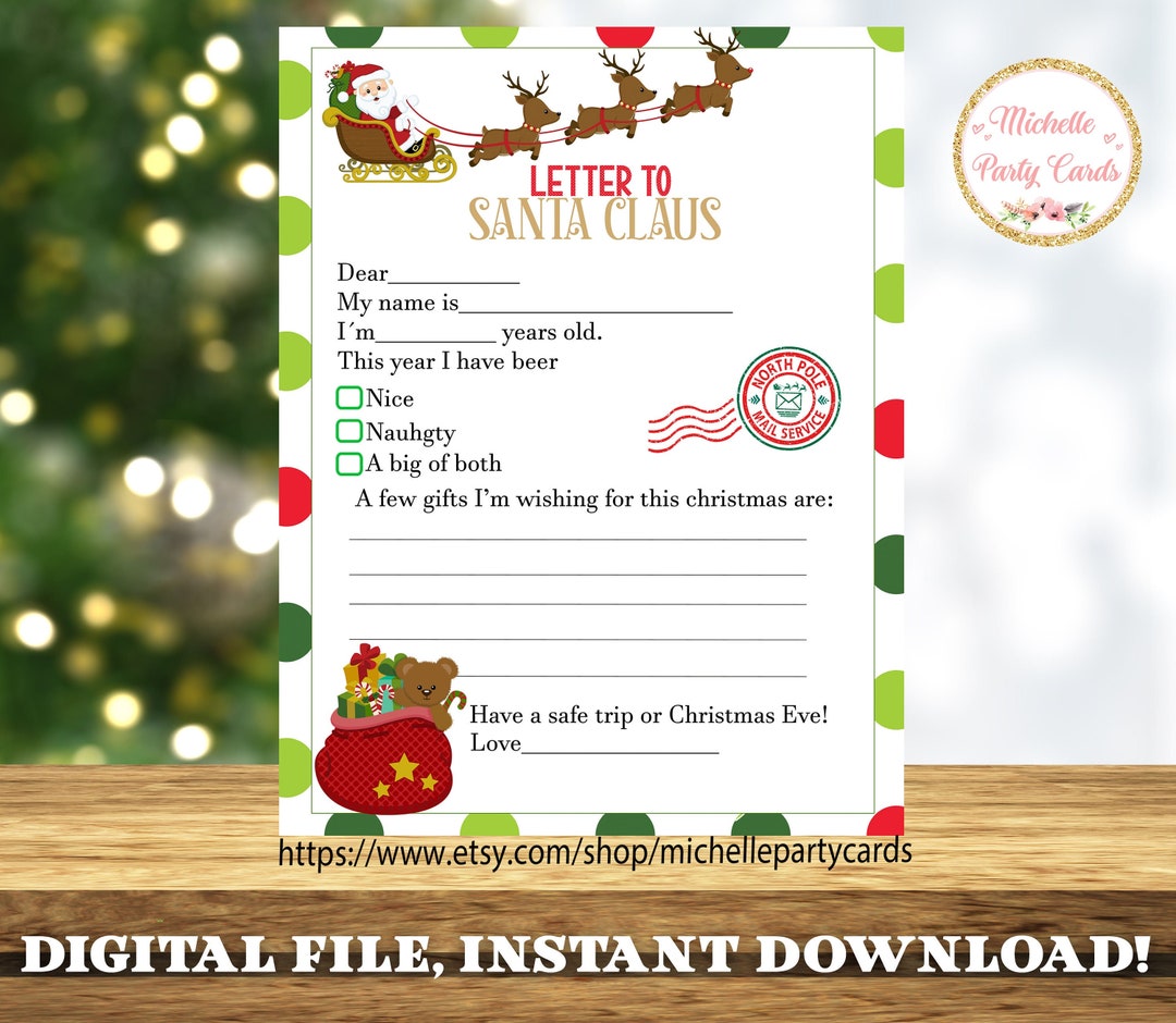 INSTANT DOWNLOAD, Letter to Santa, Christmas Eve, Christmas List, Dear ...