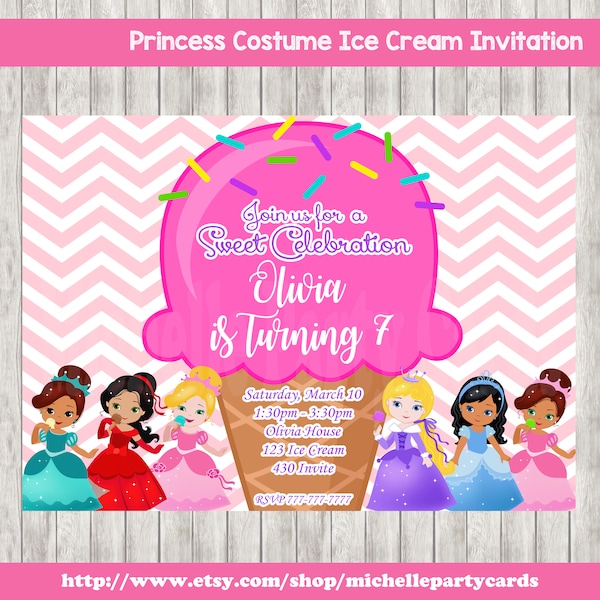 Princess Costume Ice Cream Invitation, Princess Invitation, Ice Cream Invite, Ice Cream Party, Ice Cream Birthday, Princess Birthday