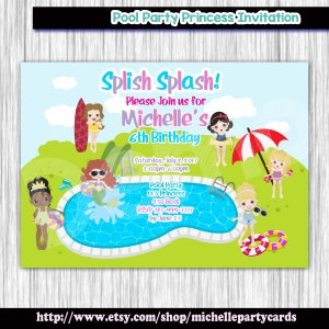 Invitación de la princesa de la fiesta de la piscina, fiesta de la princesa de la piscina, invitación de la princesa de la princesa, invitación de la fiesta de la piscina, Aloha, fiesta de verano, tarjeta de fiesta del chap splash del splish