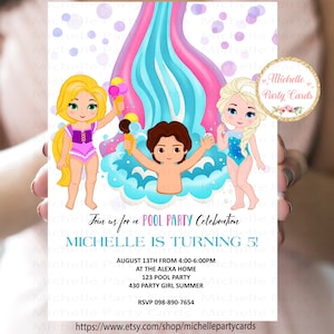 Prinzessin Pool Party, Eis Einladung, Wasserrutsche, Sommer Geburtstag, Pool Einladung, Prinzessin und Prinz Invite, Party Girl und Junge