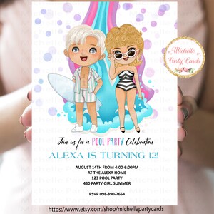 Mode Puppen Pool Party Einladung, Party Girl, Pool Geburtstag, Sommer Einladung, Pool Einladung, Mode Einladung, Prinzessin Einladung