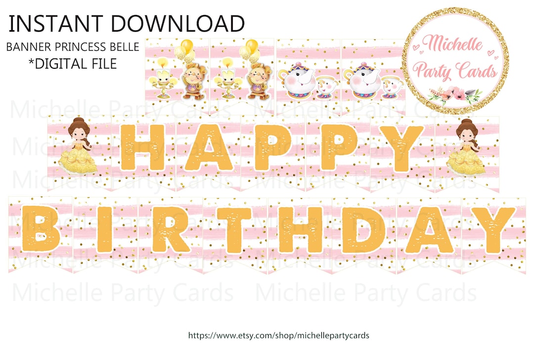 INSTANT DOWNLOAD Princess Belle Banner, Princess Decorations, Birthday ...