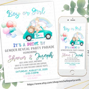 Invito per rivelare il sesso del bambino o della bambina Invito per baby shower drive-by o invito per rivelare il sesso del bambino o della bambina Invito per baby shower drive-through con animali