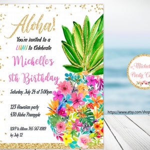 Aloha Ananas Einladung, Tropische Party, Sommer Einladung, Ananas Floral Einladung, Ananas Geburtstag, Luau, Pool Party Einladung