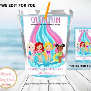 Capri Sun Princess Pool Party, Saftetiketten, Capri Sun Juice Bag Etiketten Princess, druckbare Saftbeuteletiketten, Geburtstagsparty