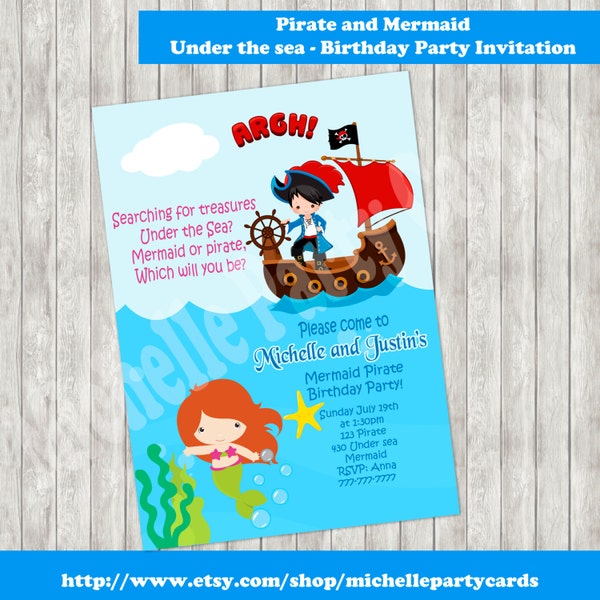 Pirate and Mermaid Under the sea - Birthday Party Invitation-Pirate invitation-mermaid invitation-pirate party-mermaid party-pirate invite