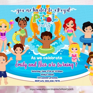 Prinzen und Prinzessinnen, Pool-Party-Einladung, Pool-Geburtstag, Sommer-Einladung, Prinzessin Pool-Party, Splash-Einladung, Wasserrutschen-Party