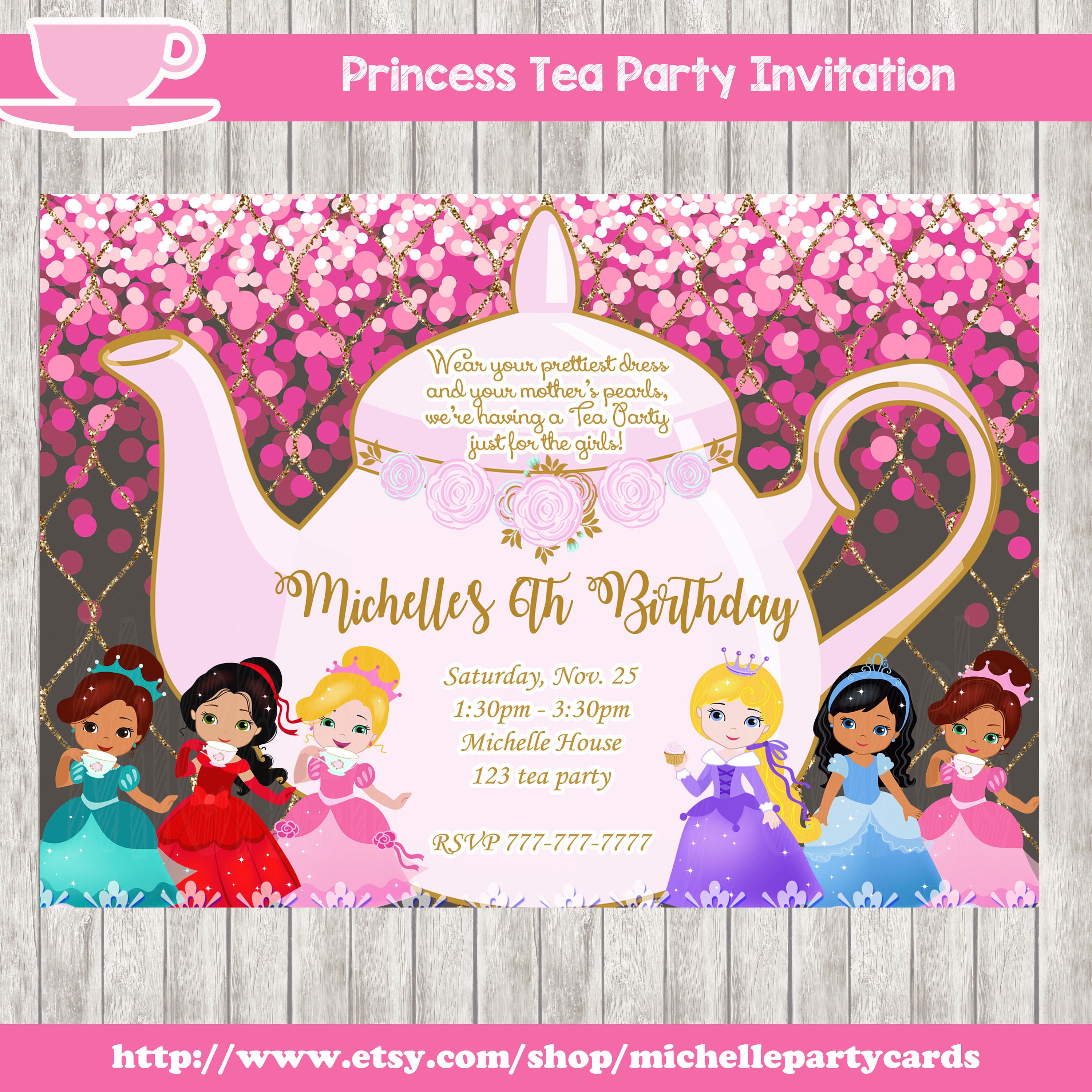 Princess Tea Party Invitation Princess Invitation Tea Invitation Girl Invitation Pink and Gold Chalkboard Confetti Invitation