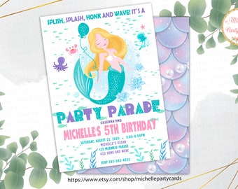 Mermaid Party Parade Invitation, Mermaid Drive By, Birthday Parade Invitation, Social Distancing Birthday Party, Parade Invitation